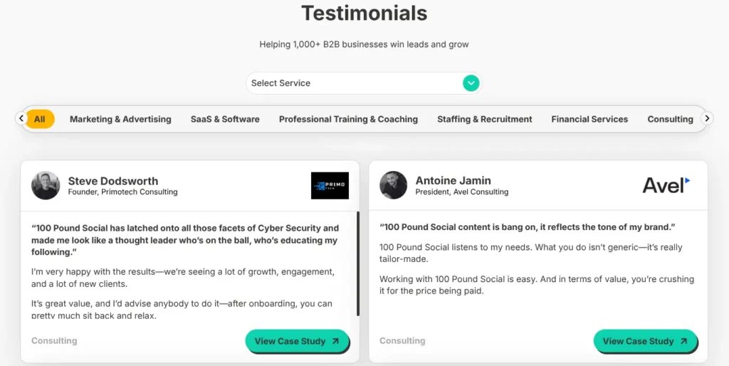 100 Pound Social testimonials screenshot