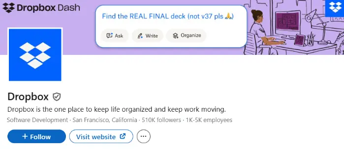 Screenshot of Dropbox's LinkedIn profile page