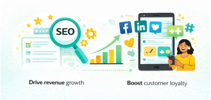 graphic showing how SEO can drive revenue growth and boost customer loyalty
