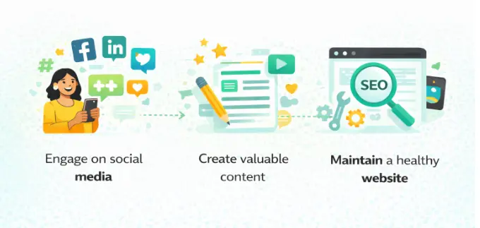 graphic showing steps: engage on social media, create valuable content, maintain a healthy website.